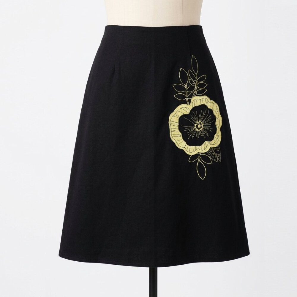 MARIPOSA - Black Floral Embroidered A-line Skirt - Large